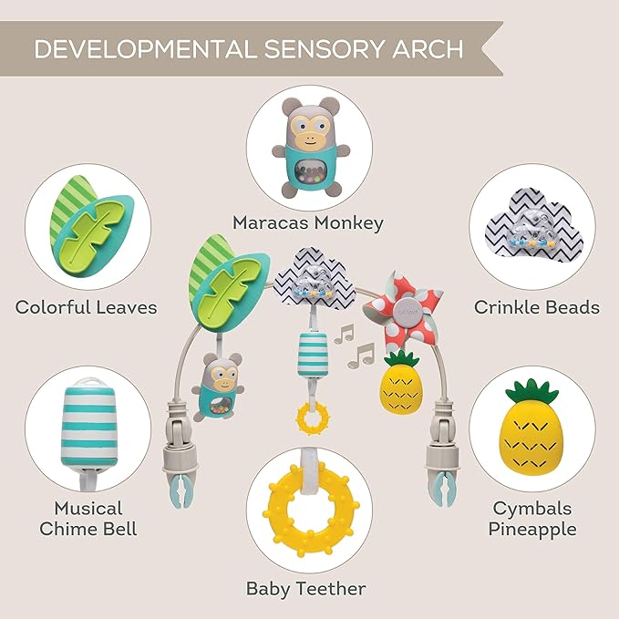 Taf Toys ‘Tropical Orchestra Arch’ | Ideal for Infant & Toddlers, Fits Stroller & Pram, Activity Arch with Fascinating Toys, Stimulates Baby’s Senses and Motor Skills Development, Easier Outdoors