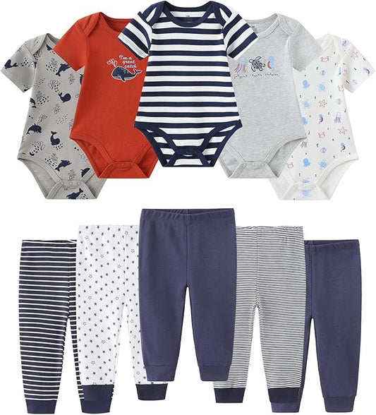 Baby Bodysuit and Pant Set 10-pcs Cotton Soft Newborn Boy Girl Clothes Outfits