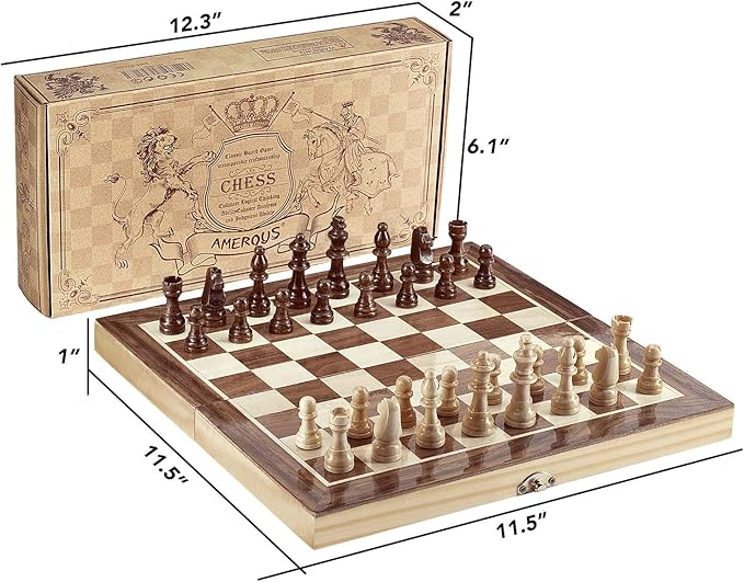 Amerous Chess Set, 12"x12" Folding Wooden Standard Travel International Chess Board Game Set with Magnetic Crafted Pieces For 2 Players