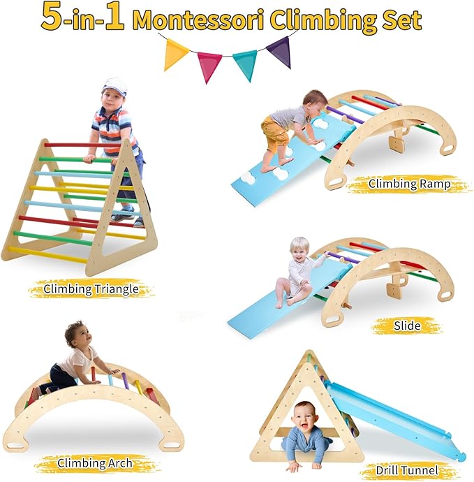 9-in-1 Climbing Triangle Set with Detachable Wooden Climbing Arch for Rocking Horse and Climbing, Indoor Triangle Jungle Playground Gym for Toddlers
