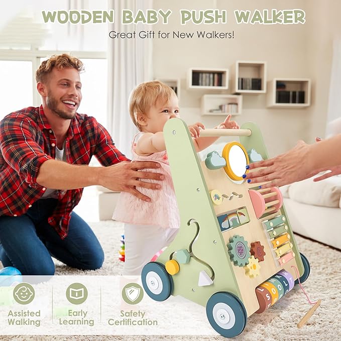 Baby Push Walker, Wooden Baby Walker with Wheels, Montessori Push Walker for Babies 6-12 Months, Push Walking Toys for Boys&Girls 1 Year Old, Gifts for Toddler