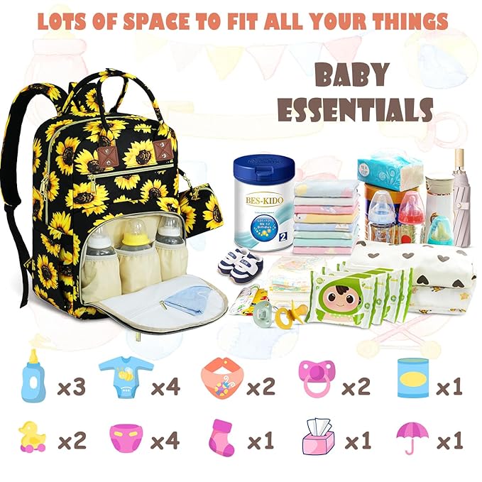 Baby Diaper Bag Backpack, Travel Diaper Bags for Baby Girl Boy Large Capacity Baby Bag Backpack for Women Sunflower
