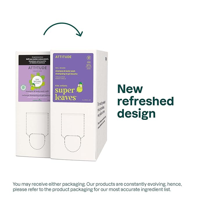 ATTITUDE Shampoo and Body Wash for Kids, EWG Verified Hair and Body Cleanser, Dermatologically Tested Soap, Plant and Mineral Based Bath Products, Vegan, Bulk Refill, Vanilla and Pear, 67.6 Fl Oz