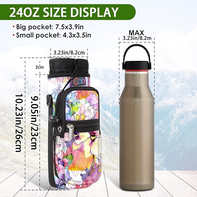 icolor Water Bottle Carrier Bag with Strap 25/32/40 oz Crossbody Bottle Holder with Phone Pocket Sling Sleeve Insulated Neoprene Water Bottle Pouch for Walking Travelling