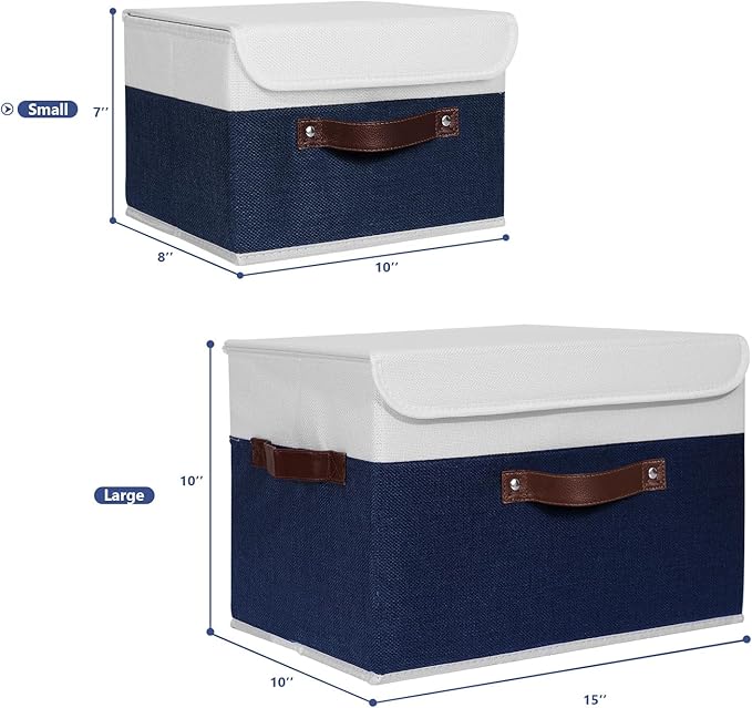 ANMINY 2PCS Storage Boxes with Lid Washable Decorative Storage Bin Basket with PU Leather Handle Foldable Linen Fabric Storage Cube Container for Home Closet Organizer - Deep Blue White, Small Size