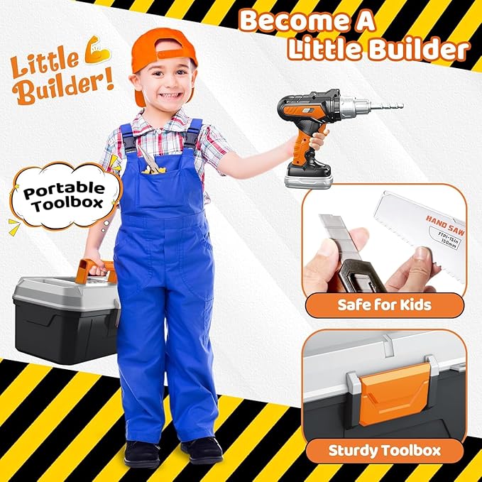 Kids Tool Set with Portable Tool Box & Electronic Toy Drill, Toddler Tool Set,Tool Play Toys Construction Tools for Kids Ages 3 4 5 6, Christmas & Birthday Gifts for Boys