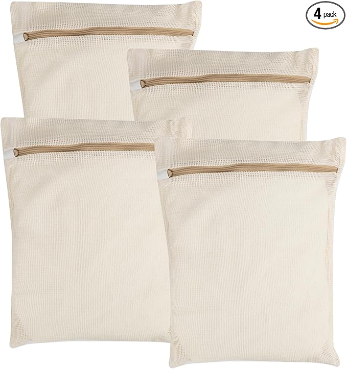 4-Piece Medium Durable Organic Cotton Mesh Laundry Bags with Sturdy Zippers and Breathable Mesh are Delicate Laundry Bags for Underwear, Clothes, Pants and Socks