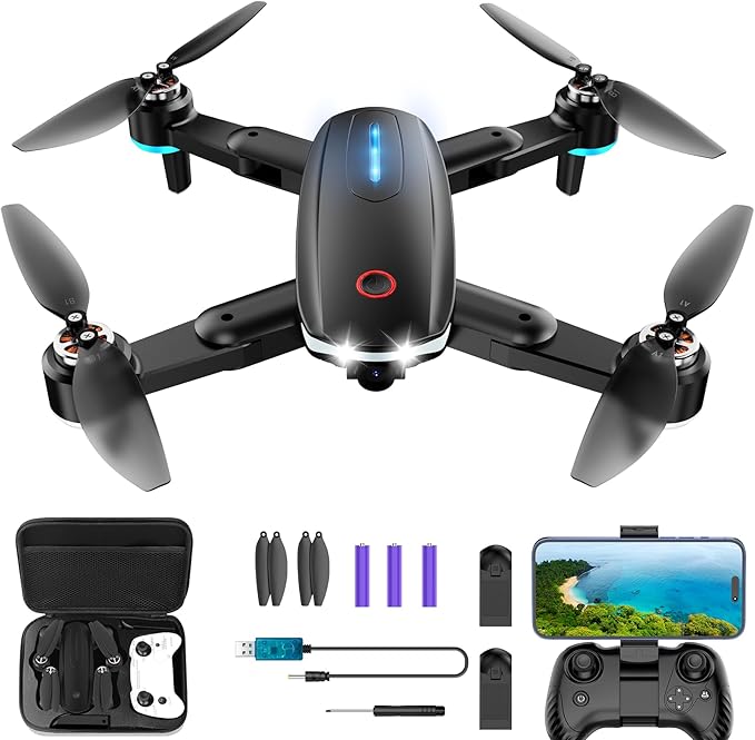 Drone with Camera, 1080P HD FPV Foldable Drone with Brushless Motor Optical Flow, One Key Take Off/Land, 360° Flip, Waypoint Fly, Gesture Selfie, 2 Batteries, Mini Drones for Kids 14+