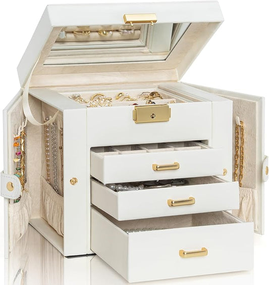 AKOZLIN 4-Tier Jewelry Box Leather Jewelry Storage Organizer with 3 Drawers Lockable for Women Girls Ring Necklace Earring Bracelet Holder with Mirror White