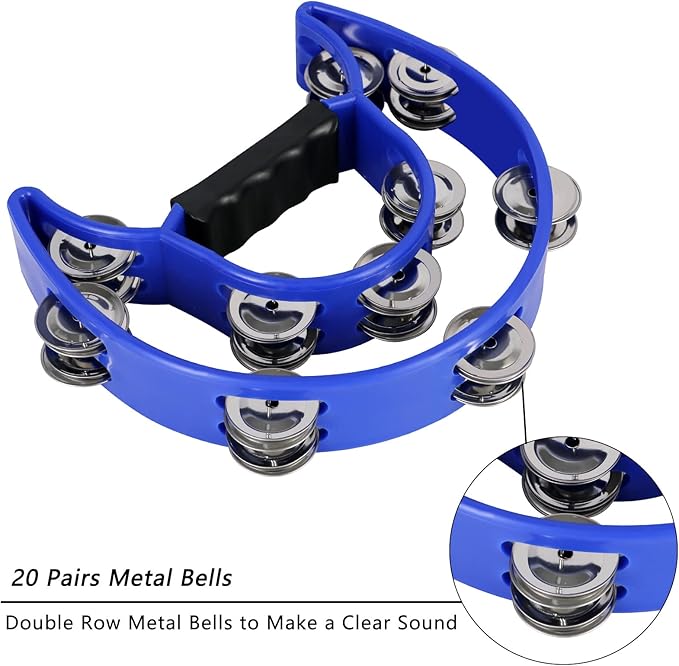 EASTROCK 3 Pack Double Row Tambourine Metal Jingles Hand Held Percussion Half Moon Tambourine for Kids, Adults, KTV, Party (Black, Blue, Red)