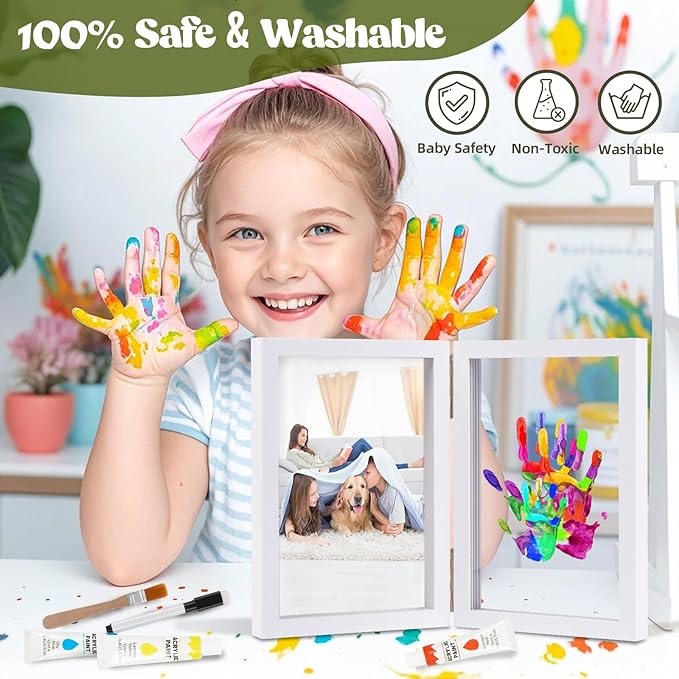 Family Handprint Kit, DIY Baby Hand and Footprint Handmade Keepsake Wooden Frame, Family Gifts with 5 Non-Toxic Baby-Safe Paint, Ideas Gift for New Parents, Grandparents, Father's Day, Mother's Day