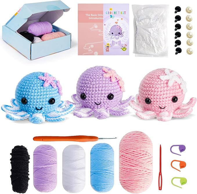 Crochet Kit for Beginners, Make 3 Amigurumi Crochet Animals with Step-by-Step Video Tutorials, Complete Starter Kit for Adults, Kids and Teens, Perfect DIY Craft Gift to Learn Crocheting
