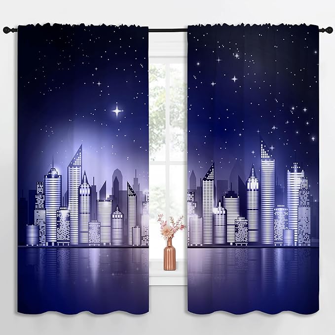 City Rod Pocket Blackout Curtains for Boy Girl Bedroom, New York Skyline Modern City Starry Sky Night View Thermal Insulated Home Window Drapes for Living Room Darkening, 55x63 inch
