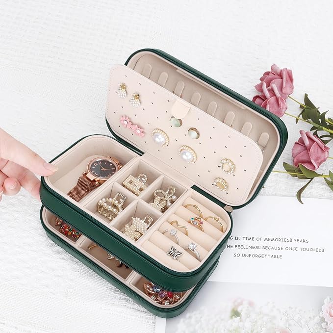 DesignSter Small Travel Jewelry Box with Double Zipper, 2 Layers PU Portable Jewelry Case for Women and Girls,Travel Jewelry Organizer for Rings, Earrings, Necklaces, Bracelets,Dark green