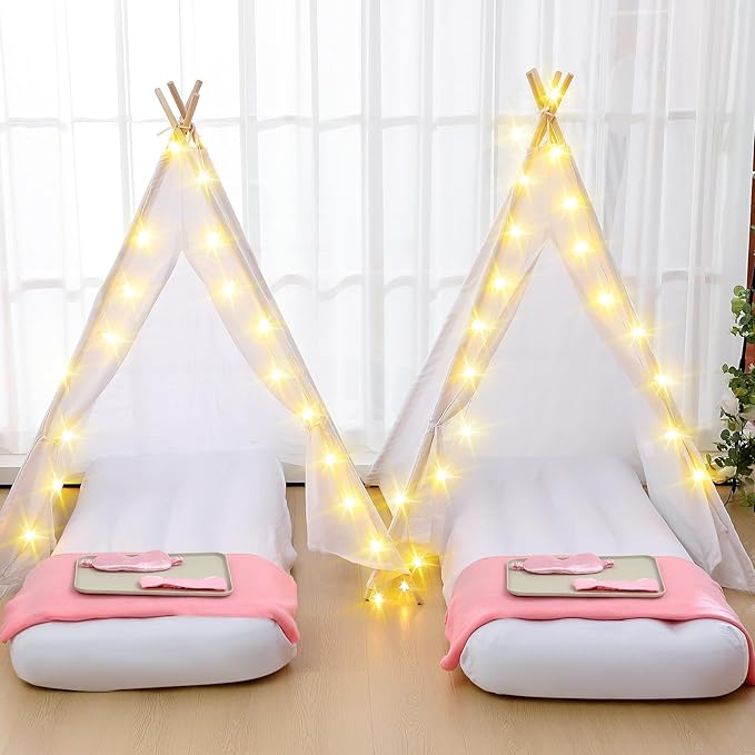 Windyun 8 Pack Kids Teepee Tent for Slumber Party with Mattress,Light String,Airbed Fitted Sheet,Sleepover Tent for Girls Boys Party,Kids Play Playhouse Indoor Outdoor(White)