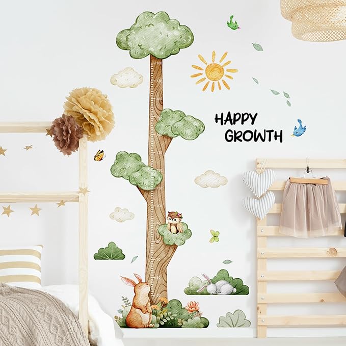 3D Cartoon Height Growth Chart for Kids Wall Stickers Removable DIY Jungle Animals and Plants Height Sticker Peel and Stick Sun White Clouds Wall Art Decor for Nursery Kids Bedroom Living Room
