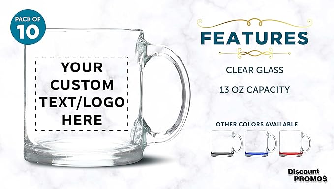 Custom Libbey Clear Glass Coffee Mugs 13 oz. Set of 10, Personalized Bulk Pack - Perfect for Coffee, Tea, Espresso, Hot Cocoa, Other Beverages - Clear Bottom