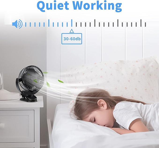 ATEngeus Rechargeable Clip-on USB Desk Fan, 3 Speeds, 5000mAh Battery, 720Rotation, Sturdy Clamp for Home, Camping, Treadmill and Car