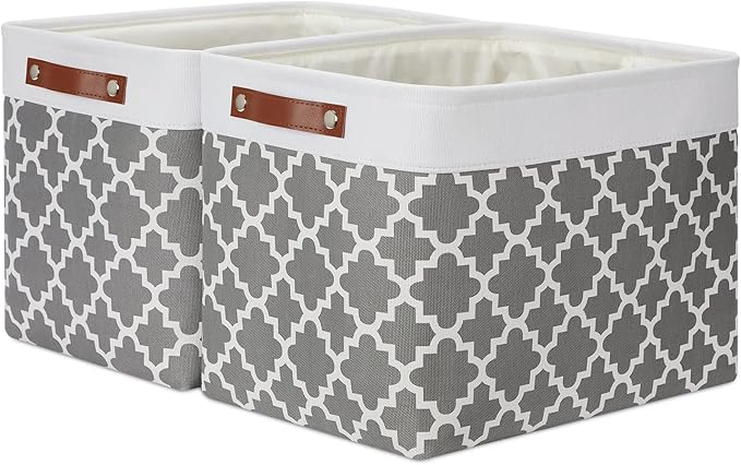 DULLEMELO Foldable Nursery Storage Baskets Canvas Storage Bins for Organizing 2 Pack Collapsible Home Organizer With Leather Handles (White&Lattice Grey)