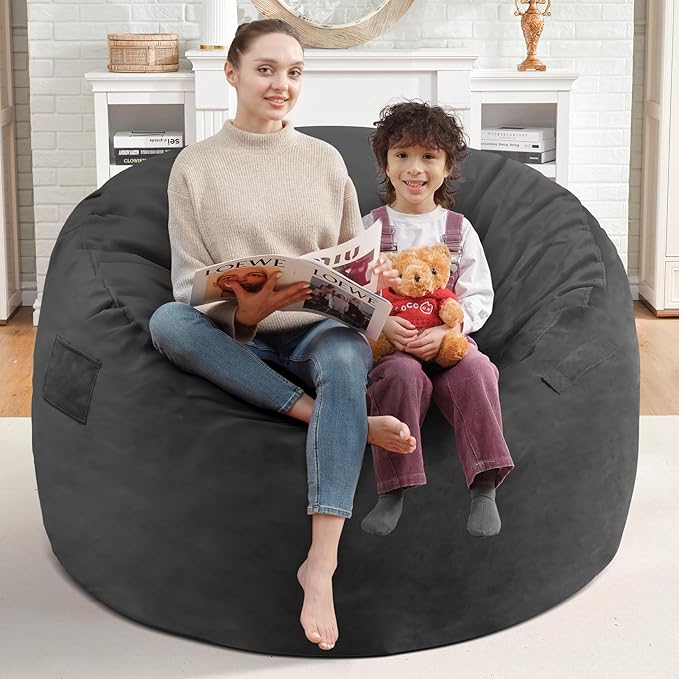 3FT Bean Bag Chair, Comfy Bean Bag Chairs with Memory Foam Filled, Fluffy Beanbag Sofa with Dutch Velvet Cover, Round BeanBag Chairs for Living Room, Playroom- Grey