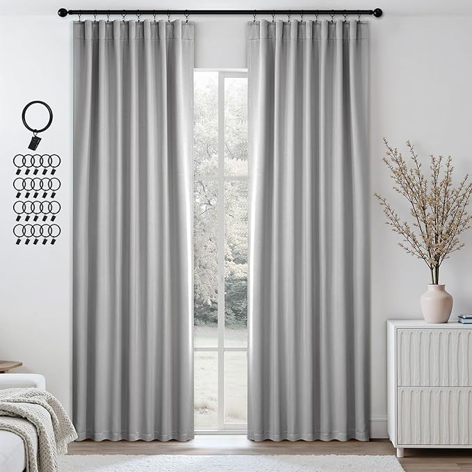 ANRODUO Back Tab Blackout Curtains for Bedroom Living Room, Rod Pocket Pinch Pleated Thermal Insulated Room Darkening Curtains 90 Inches Long 2 Panels, Light Grey, 42 x 90 Inch