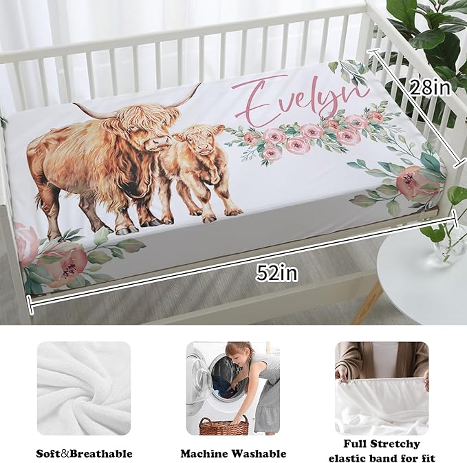Custom Nursery Crib Bedding Set: Personalized Name 4 Piece Floral Highland Cow Design Baby Crib Sets for Girls - Toddler Double Layer Blanket Set, Comfortable Crib Bed Sheets for Baby Toddlers