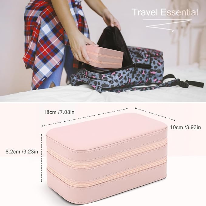 DesignSter Small Travel Jewelry Box with Double Zipper, 2 Layers PU Portable Jewelry Case for Women and Girls,Travel Jewelry Organizer for Rings, Earrings, Necklaces, Bracelets,Pink