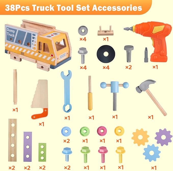 Aliex 38PCS Kids Wooden Truck Tool Set with Toy Drill for Toddlers Ages 3 4 5 6,Montessori STEM Educational Learning Construction Workbench Pretend Play Tool Kit,Birthday Sensory Gift for Boys Girls