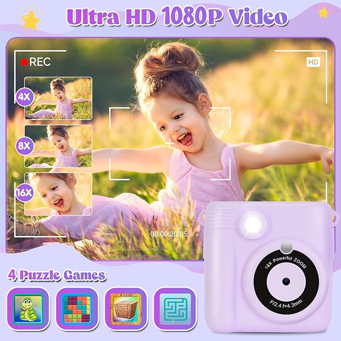 Instant Print Camera for Kids - 2.4 Inch Kids Camera Instant Print with Paper & 32G Card- Digital Children Toys as Christams Birthday Gifts for Girls Boys Age 3-12 - Purple