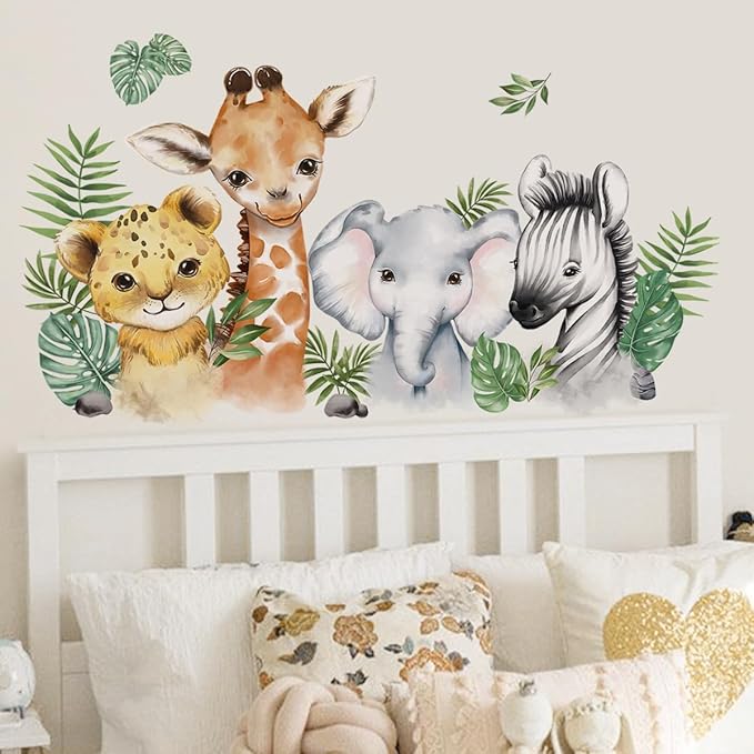 52.51x23.62 Inch Watercolor Jungle Animal Wall Decals Safari Forest Animal Wall Sticker Elephant Lion Monkey Decals for Baby Nursery Playroom Bedroom Classroom Kindergarten Decor
