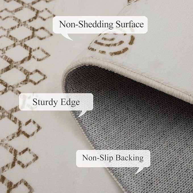 4x6 Washable Area Rug for Living Room, Carpet for Bedroom,Boho Soft Faux Wool Retro Dining Room Rug, Non Slip&Non-Shedding Resistant Low Pile Vintage Print Rug for Home Office (Beige)