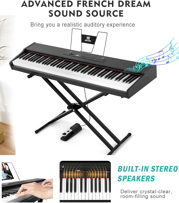 MUSTAR Digital Piano 88 Key Weighted with Stand, 88 Key Semi Weighted Keyboard Piano MEP-900, Portable Electric Piano Keyboard 88 Keys with Bluetooth Connection, Case, Sustain Pedal, MDF, Black