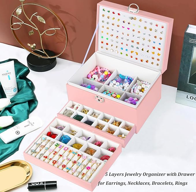 Earrings Jewelry Box for Girls, 5 Layers Jewelry Organizer with Earring Holder Organizer for Girls Earring Organizer Jewelry Boxes for Women Earrings and Necklaces Jewelry Box Organizer Pink