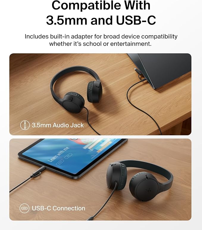 Belkin SoundForm Mini Kids Wired Headphones w/USB C to 3.5mm Dongle, Built-in Mic & Fun Stickers, 85dB Max Volume – for Online Learning, Travel, Compatible w/iPhone 16, iPad, Galaxy S25, etc - Black