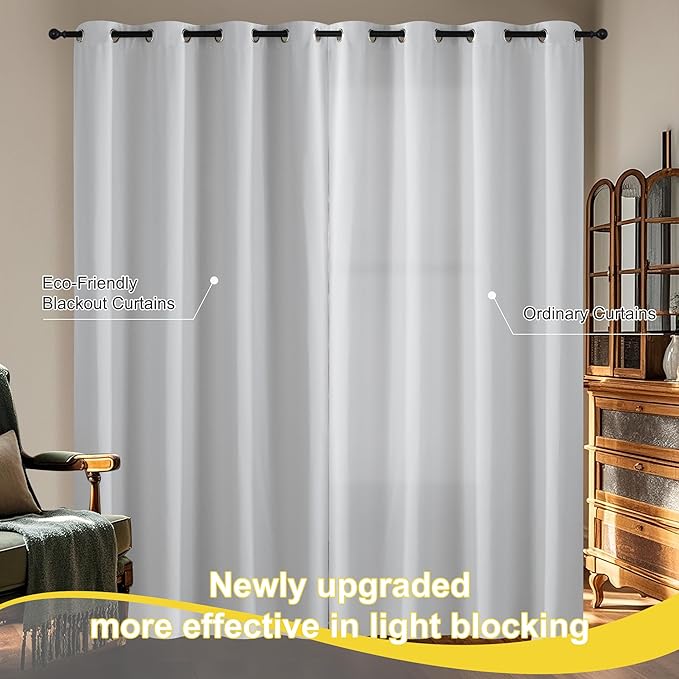 NICETOWN 100% Blackout Curtains 96 inches Long for Bedroom - Grommet Privacy Window Treatment Drapery Thermal Insulated Curtains for Living Room, 1 Pair, 52" W x 96" L, Greyish White