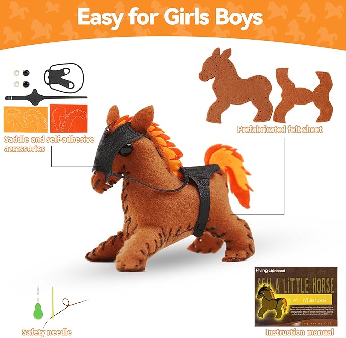 Flying Childhood Horse Sewing Kit for Kids Adults, Make 5 DIY Projects with Plush Stuffed Horse, Birthday Gifts Toys for Girls Boys Ages 8 9 10 11 12, Learn to Sew Kids Crafts