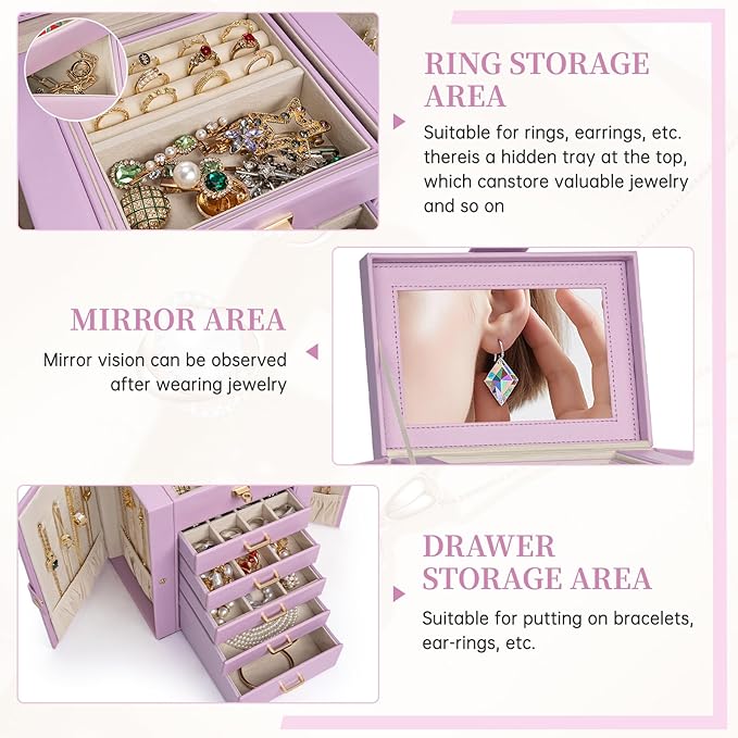 AKOZLIN Jewelry Box Organizer Functional Leather Jewelry Storage Case for Women Girls Ring Necklace Earring Bracelet Holder Organizer with Mirror
