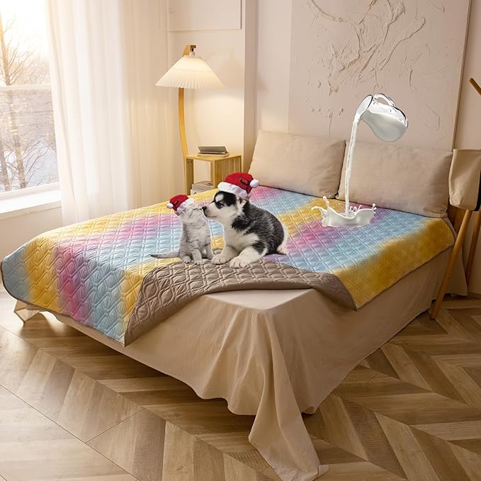 100% Waterproof Dog Bed Cover 102x82 inch Reversible Changing Pad Reusable Camping Mat for Kids/Pet/Dog/Cat Washable Geometric Embroidery Blanket Patchwork Rainbow Ombre Printed+Gray