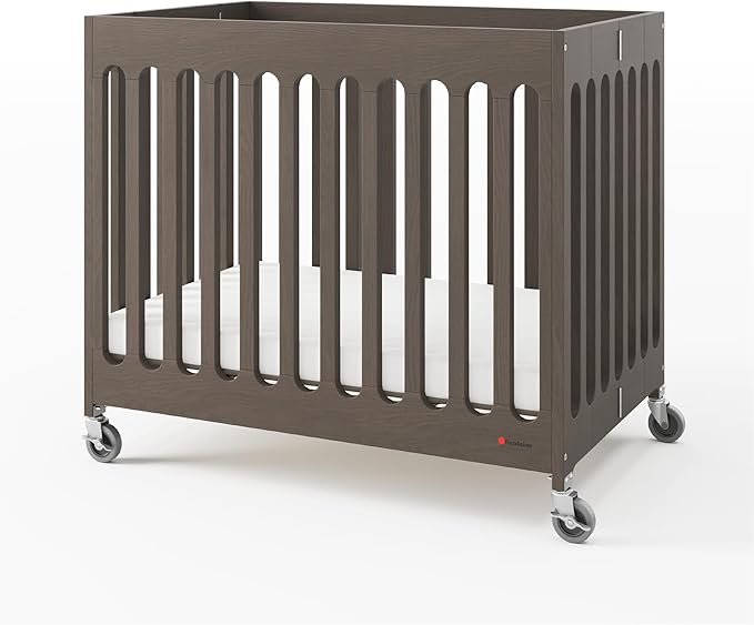 Foundations Boutique Folding Mini Baby Crib - Compact, Portable, Wooden Hotel Crib, Foldable Compact Cribs for Baby & Toddlers - Includes 3" Foam Mattress - Dapper Gray