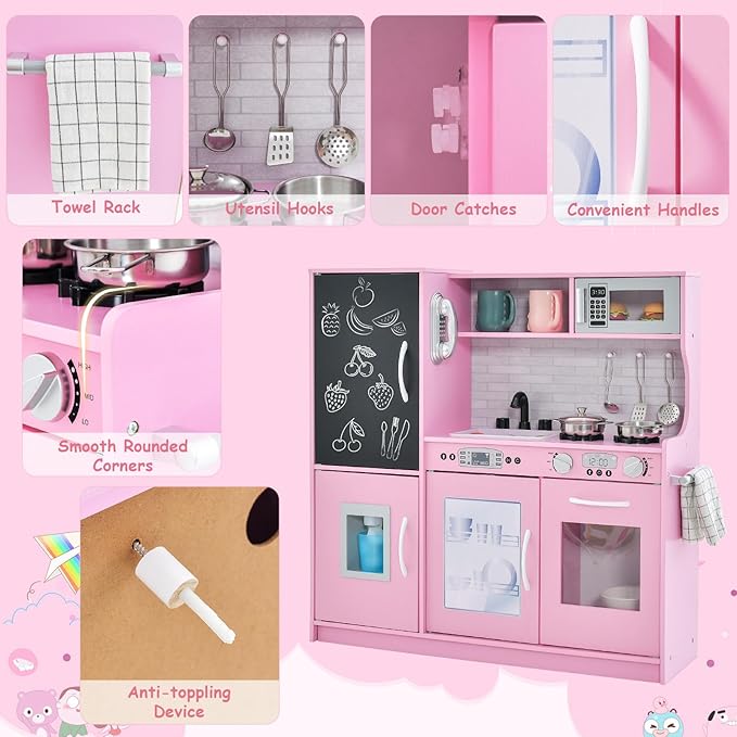 HONEY JOY Pink Kids Kitchen Playset, Wooden Little Chef Pretend Toy Kitchen Set w/Chalkboard, Telephone, Utensils, Oven, Microwave, Sink, Play Kitchen for Toddlers, Gift for Boys Girls, Pink