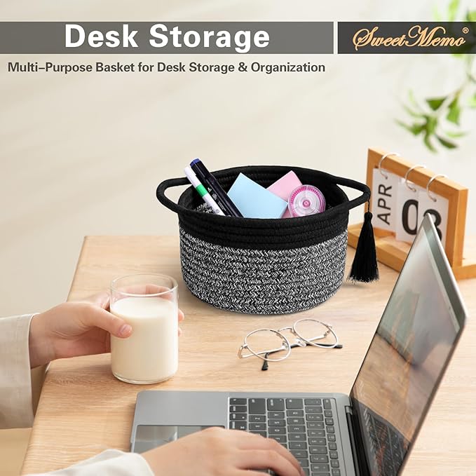Small Gift Basket Empty to Fill – SweetMemo Mini Woven Rope Organizer Baskets for Gifting, Baby Shower, Desk, Bathroom, Shelves – Decorative Soft Bin with Gift Bag & Ribbon – Black Grey