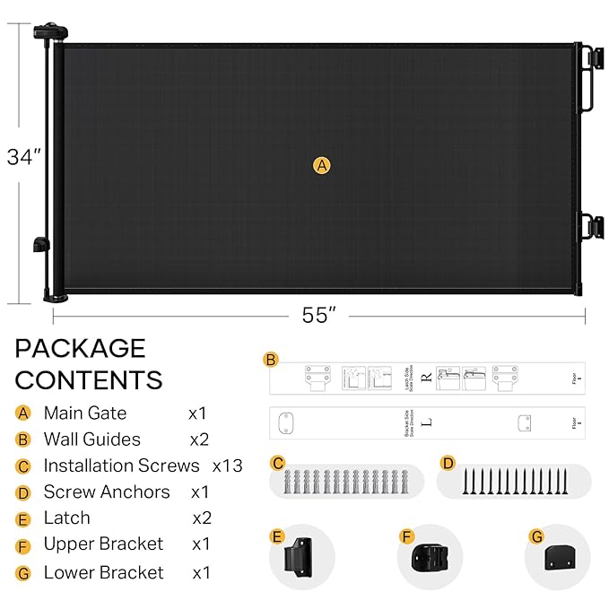 Cumbor Retractable Baby Gates for Stairs, Mom Choice Award Winner-55 Wide Mesh Dog Gate for Doorways, 34" Tall Easy to Use Pet Fence for The House, Toddler Safety Essentials Indoor&Outdoor, Black
