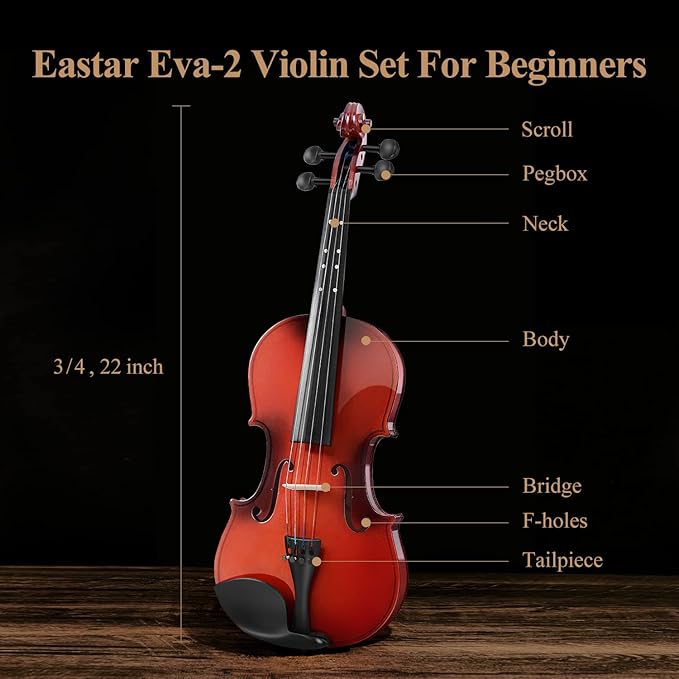 Eastar 3/4 Violin for Beginners, Violins Kit for Student, Fiddle with Hard Case, Rosin, Shoulder Rest, Bow, and Extra Strings (Imprinted Finger Guide on Fingerboard)