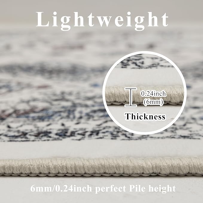 9x12 Area Rug Living Room Rugs, Stain Resistant Washable Rug, Vintage Large Non-Slip Backing, Low Pile Lightweight Print Rug for Bedroom Dinning Room Home Office (White Cream/Gray)