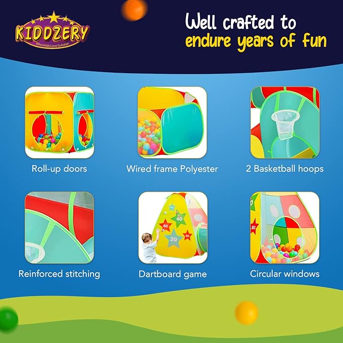 5pc Kids Play Tent for Toddlers with Ball Pit, Crawl Tunnel, Indoor & Outdoor Playhouse, Jungle Gym, Toys for Boys & Girls, Includes Dart Balls, Teepee & Basketball Hoops, (with 50 Balls)
