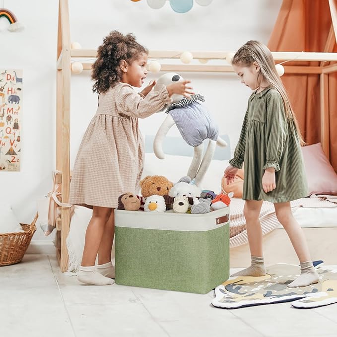 DULLEMELO 2-Pack Large Storage Baskets for Organizing 16"x12"x12" Canvas Fabric Storage Basket Bins With Leather Handles for Shelf Clothes Empty Gift Basket (White&Green)