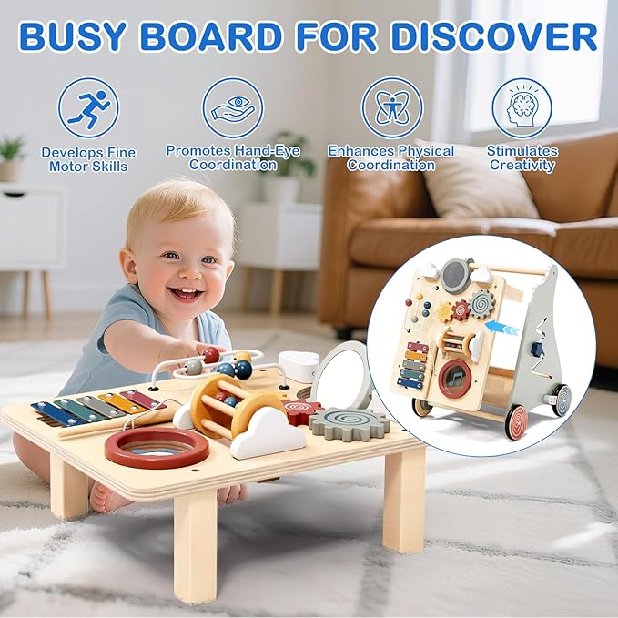 Baby Push Walker with Detachable Busy Board, Wooden Baby Walker with Adjustable Speed Wheels, Montessori Push Walker for Babies, Push Walking Toys for Boys & Girls 1 Year Old, Gifts for Toddler