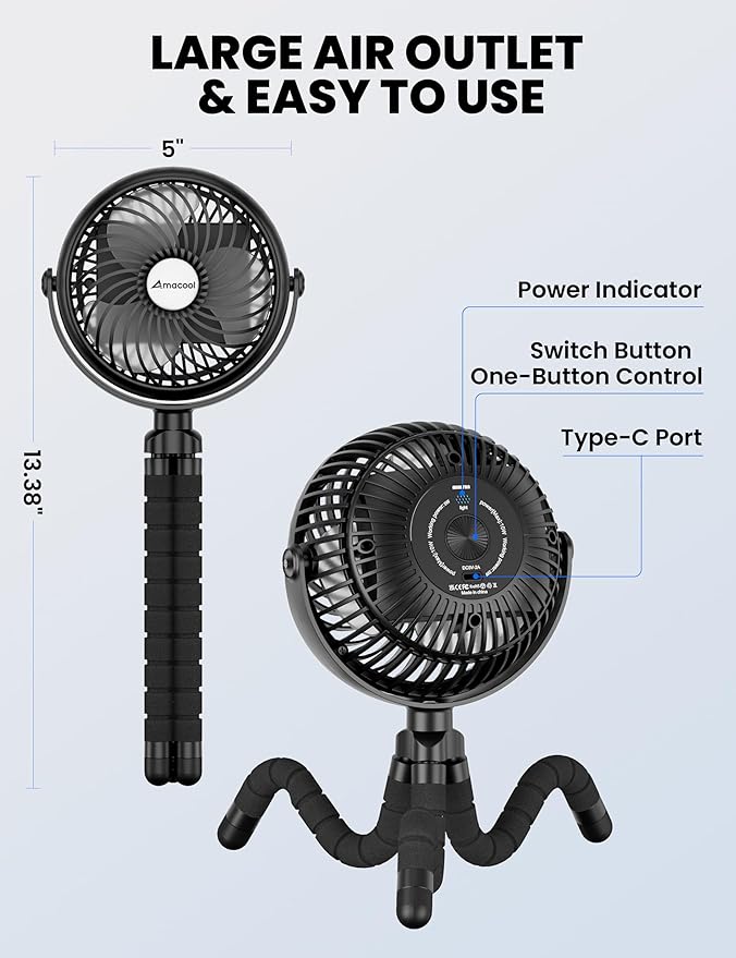 AMACOOL Baby Stroller Fan - 5000mAh Rechargeable, 3-Speed, Strong Yet Quiet, 360°Rotate Portable Clip on Fan for Travel, Car Seat, Crib, Bike, Treadmill, Beach Vacation Essentials