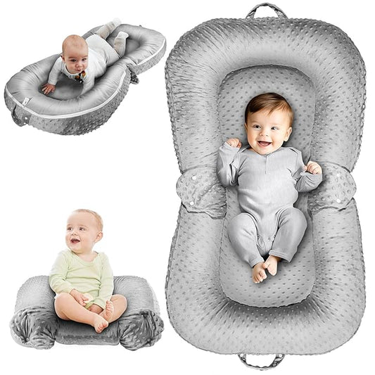 Baby Lounger Pillow : 3-in-1 Infant Lounger for Newborn 0-24 Months, Portable Tummy Time Mat for Home and Travel, Breathable & Soft Baby Seat for Baby, Babies Essentials Gifts, Grey