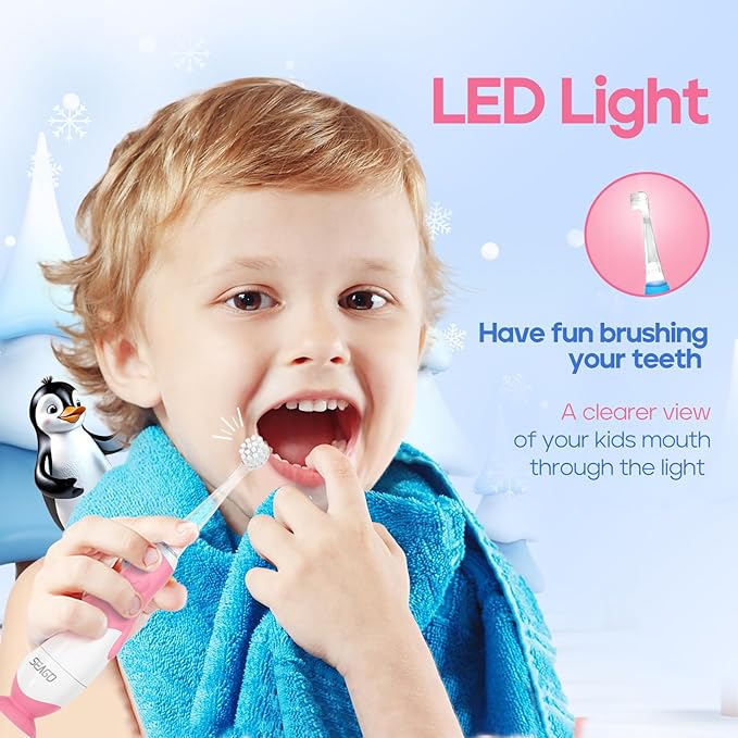 SEAGO Toddler Electric Toothbrushes for Baby Ages 0-3 Years, Baby Toothbrush with Smart Timer and Suction Base, 4 Replacement Brush Heads SG-513(Pink-C)